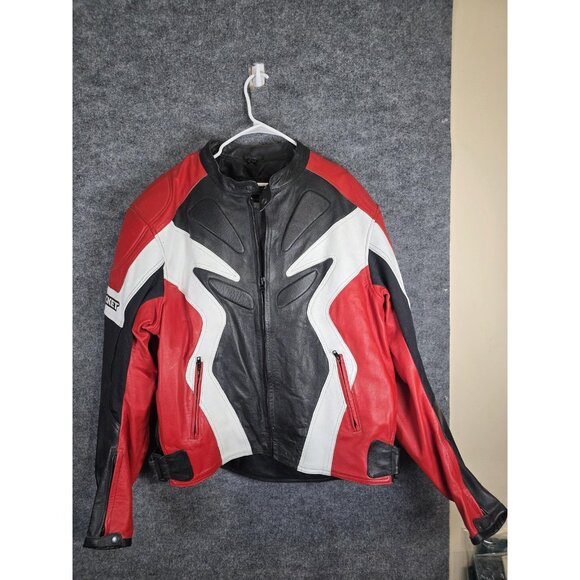 Joe Rocket Leather Motorcycle Jacket Mens 52 Red Black White Racing Armored - Picture 1 of 13